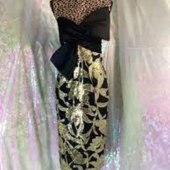 Marchessa Notte Lotus black gold floral sequin bow cocktail holiday midi dress 6 - Picture 6 of 8